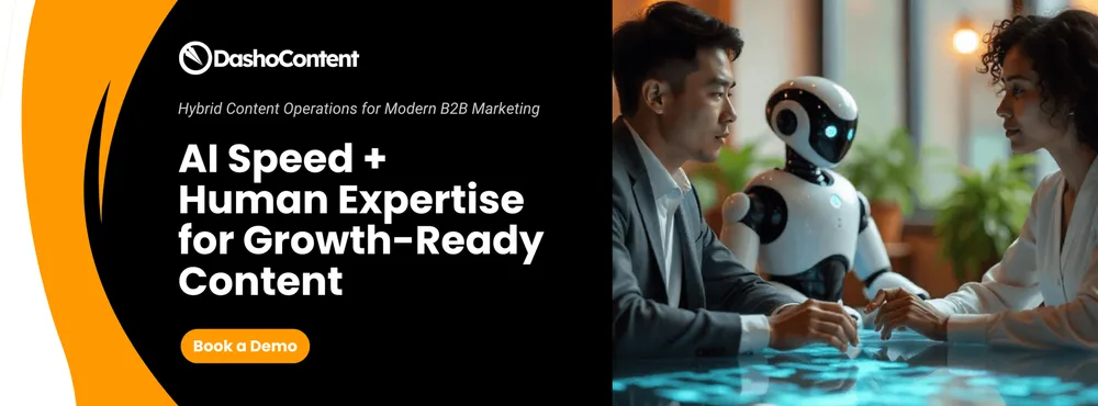 DashoContent social graphic — AI speed plus human expertise